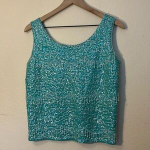 Vintage Blue Teal Beaded Sequin Sweater Tank